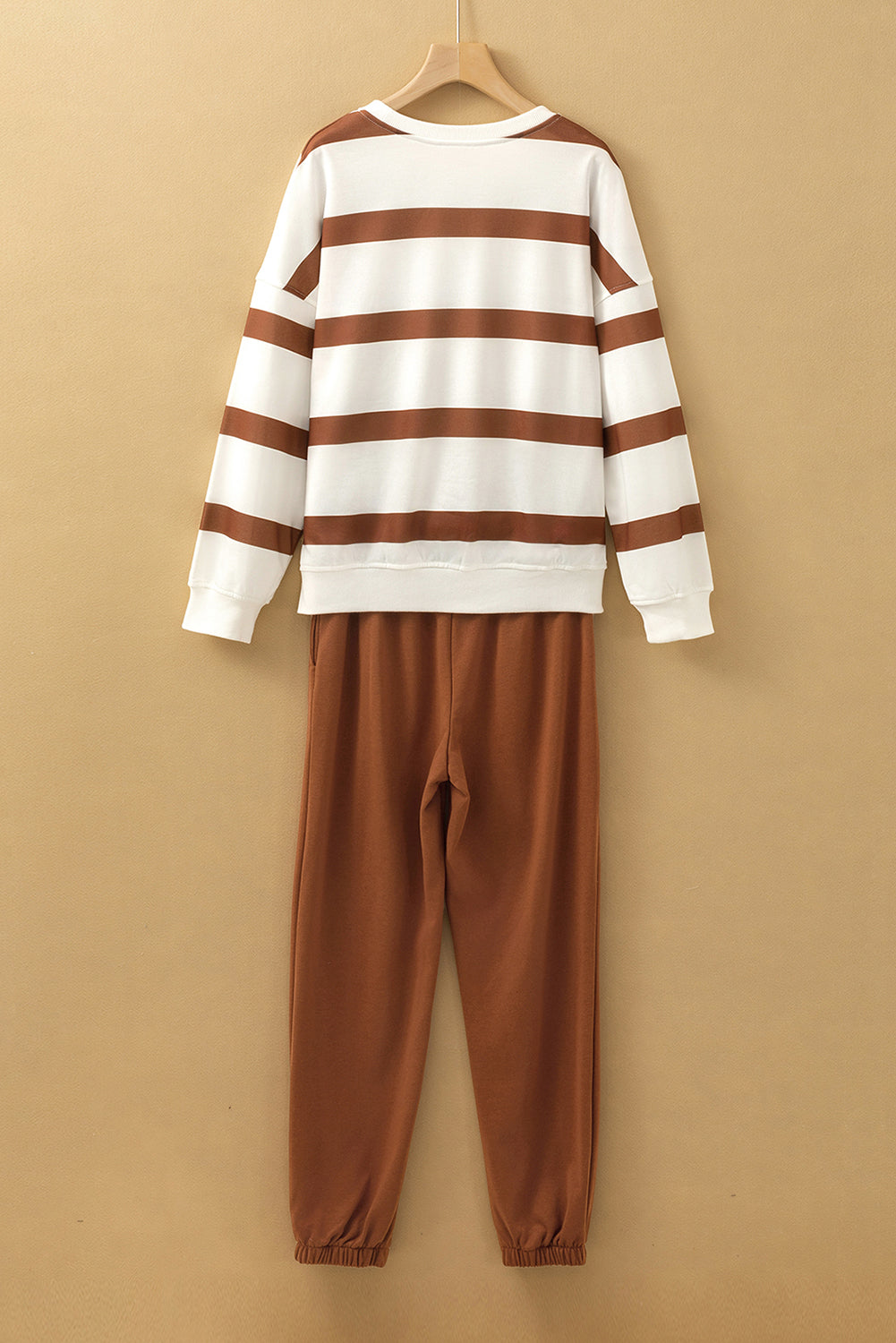 Blue Zone Planet | Brown Stripe Striped Drop Shoulder Pullover and Jogger Pants Set-Two Piece Sets/Pant Sets-[Adult]-[Female]-2022 Online Blue Zone Planet