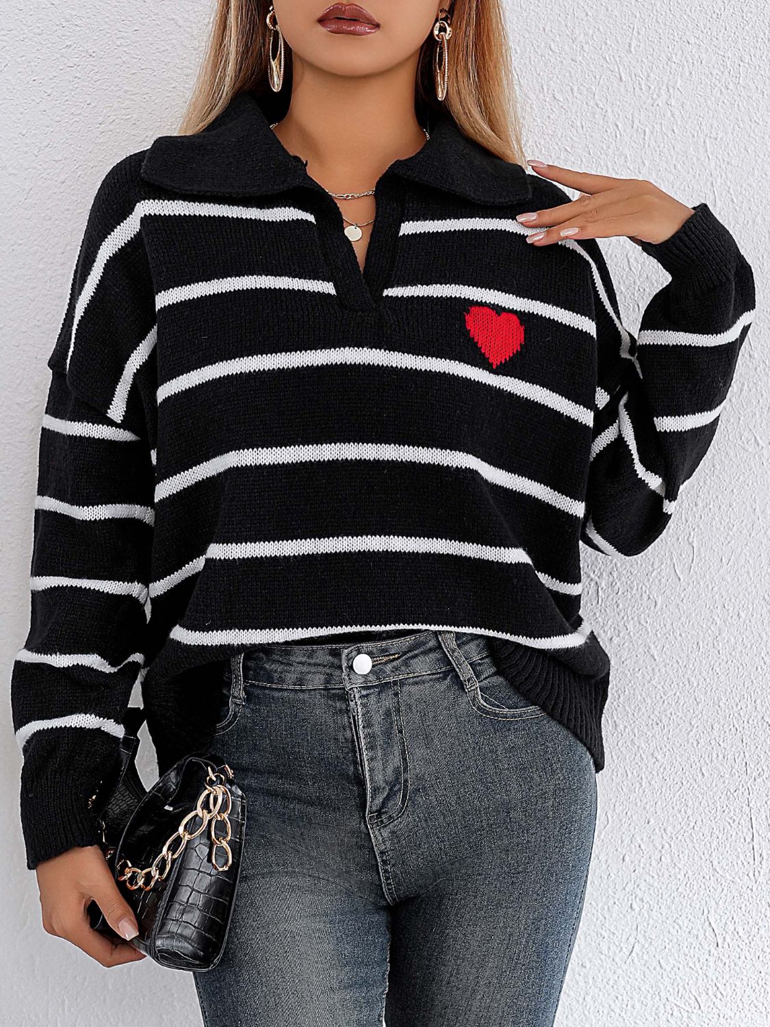 Blue Zone Planet | Striped Johnny Collar Long Sleeve Sweater-TOPS / DRESSES-[Adult]-[Female]-Black-One Size-2022 Online Blue Zone Planet