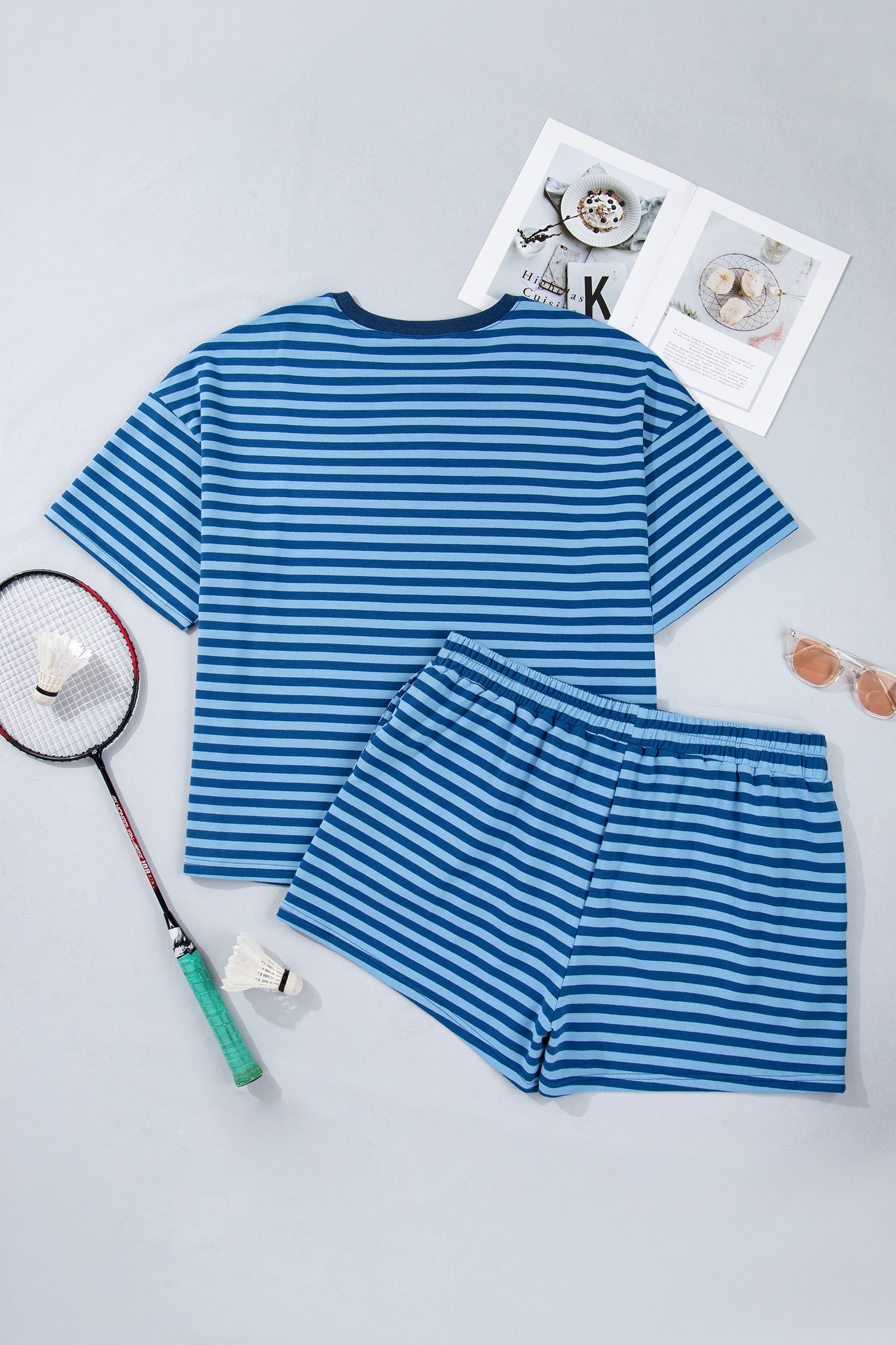 Blue Stripe Plus Size Dropped Shoulder Tee and Shorts Two-Piece Set-Plus Size/Plus Size Loungewear-[Adult]-[Female]-2022 Online Blue Zone Planet