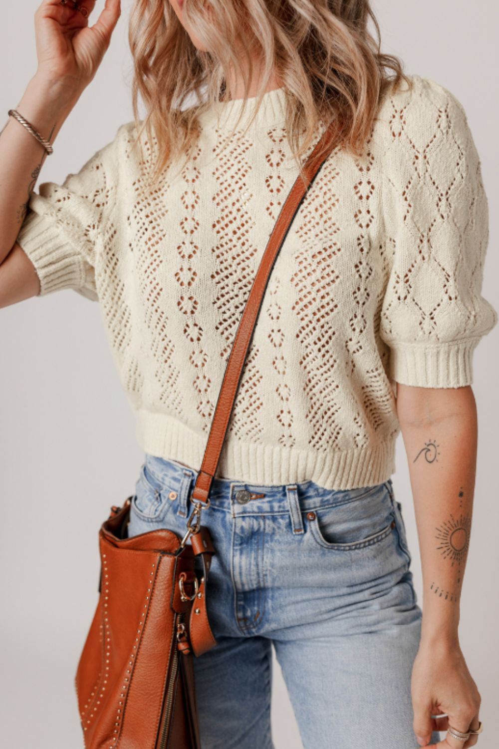 Hollowed Round Neck Half Sleeve Sweater-TOPS / DRESSES-[Adult]-[Female]-2022 Online Blue Zone Planet