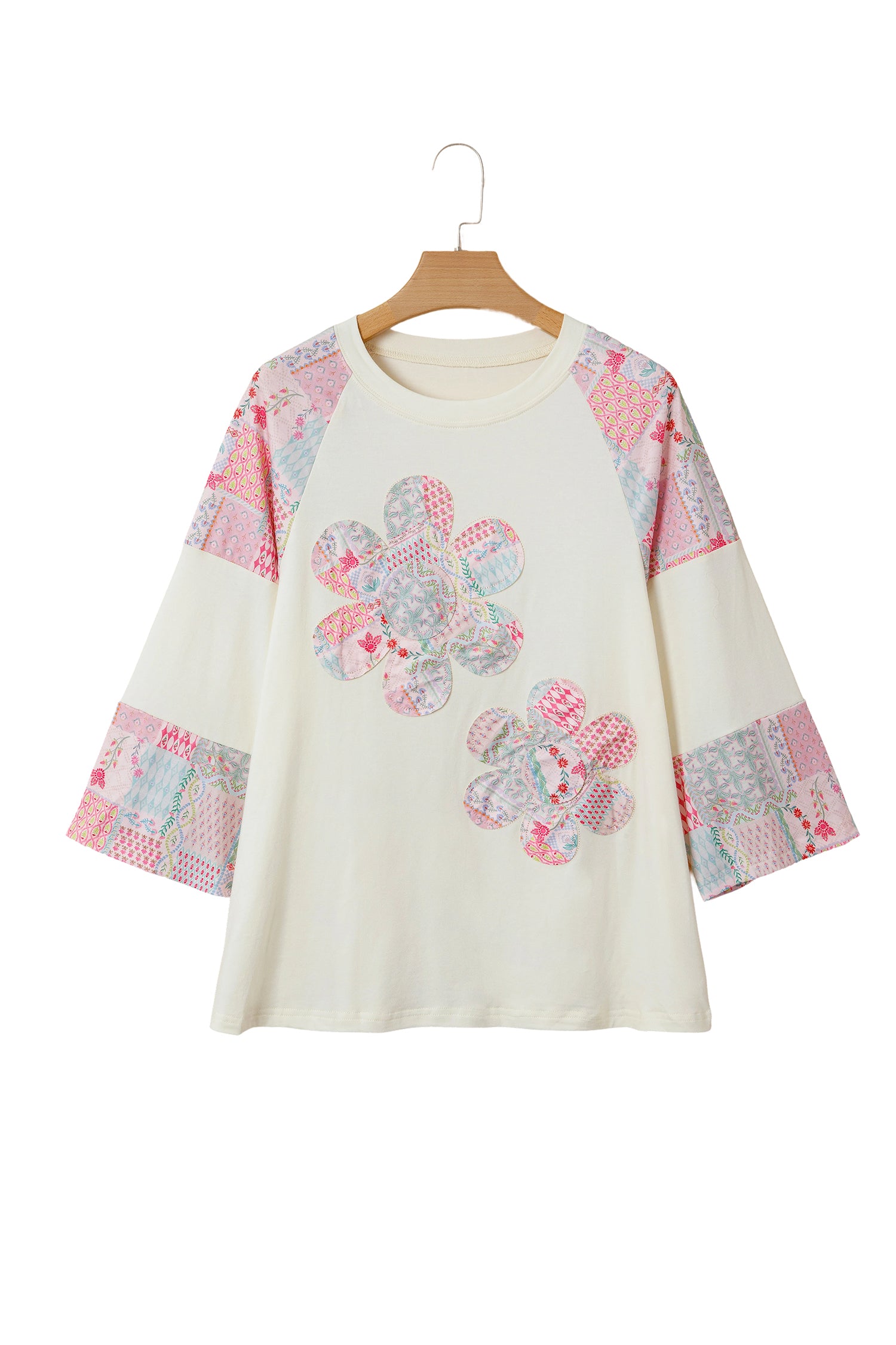 Beige Color Block Retro Floral Patchwork Long Sleeve Top-Tops/Long Sleeve Tops-[Adult]-[Female]-2022 Online Blue Zone Planet