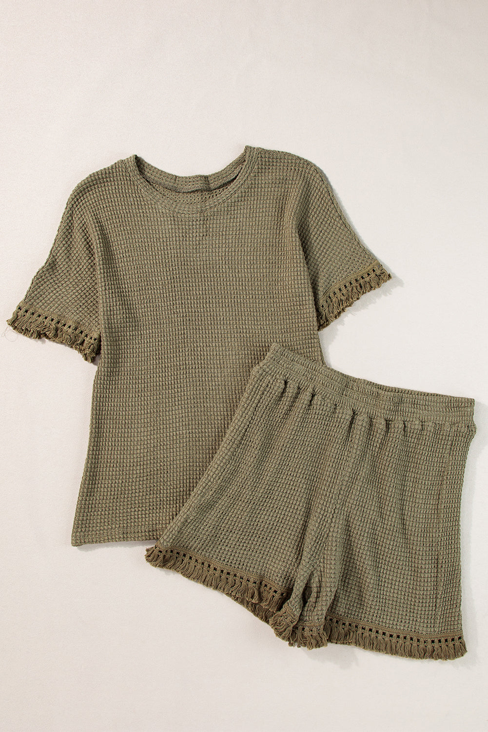 Laurel Green Fringe Trim Textured Short Two Piece Set-Two Piece Sets/Short Sets-[Adult]-[Female]-2022 Online Blue Zone Planet