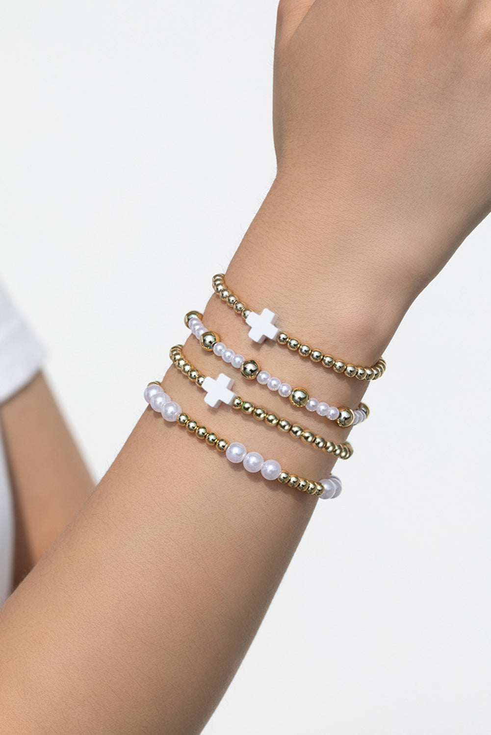 White Cross Pearl Decor Beaded Elastic Multi Layered Bracelet-Accessories/Jewelry-[Adult]-[Female]-2022 Online Blue Zone Planet
