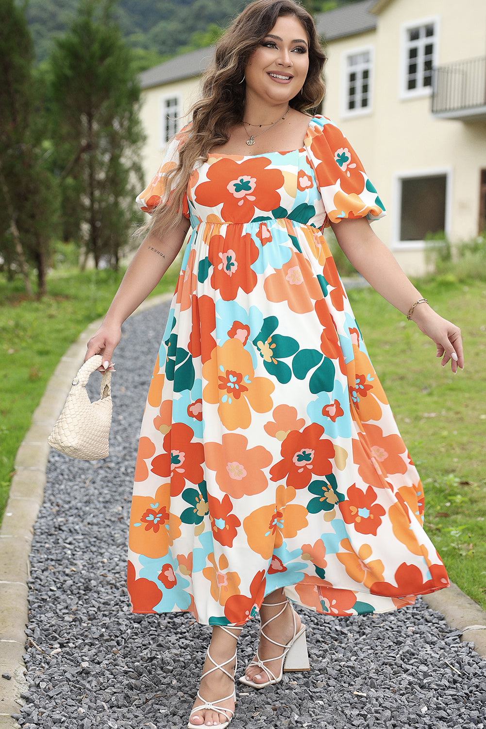 Blue Zone Planet | Orange Plus Size Flower Print Shirred Square Neck Maxi Dress-TOPS / DRESSES-[Adult]-[Female]-2022 Online Blue Zone Planet