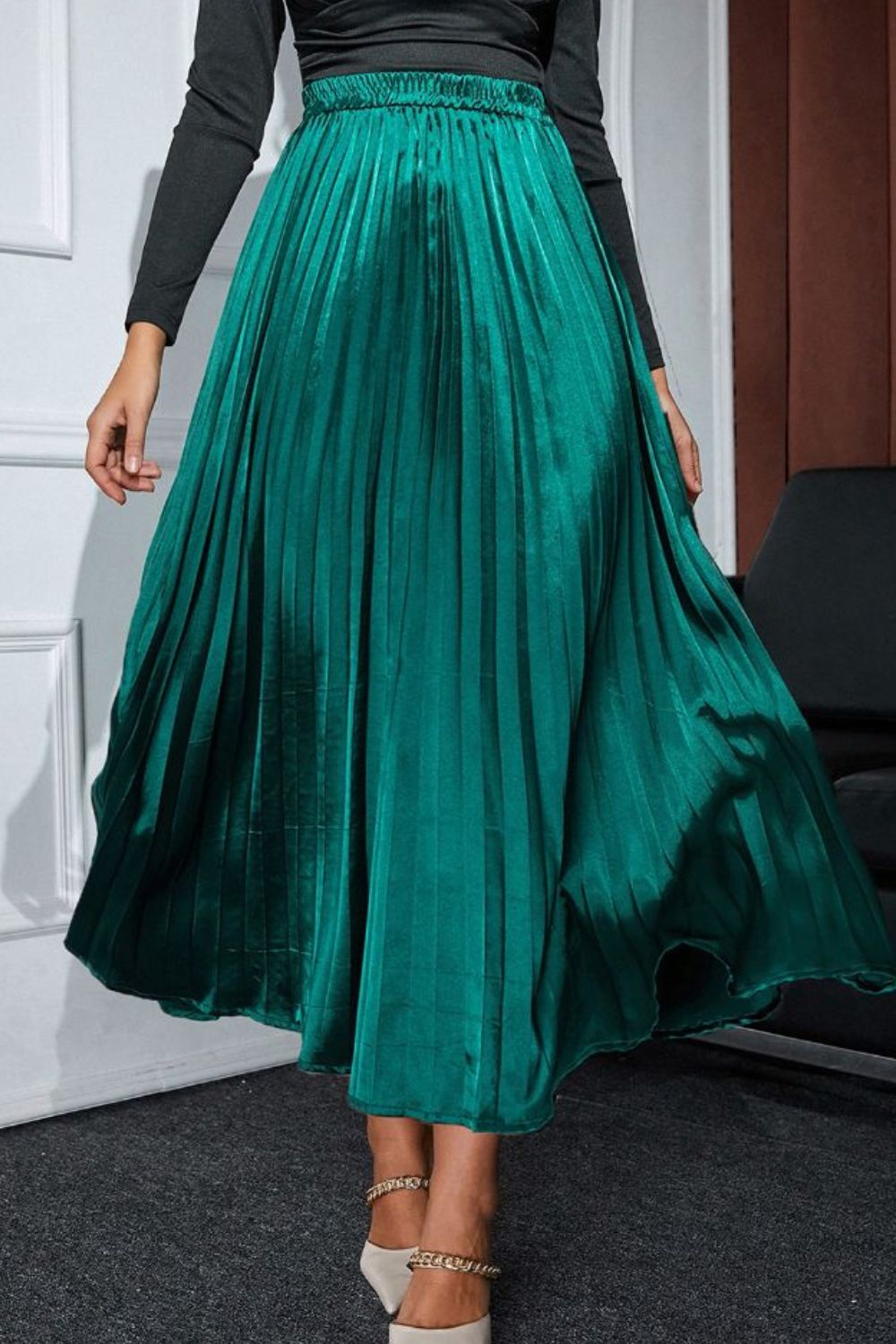 Elastic Waist Pleated Midi Skirt-BOTTOMS SIZES SMALL MEDIUM LARGE-[Adult]-[Female]-Deep Teal-S-2022 Online Blue Zone Planet