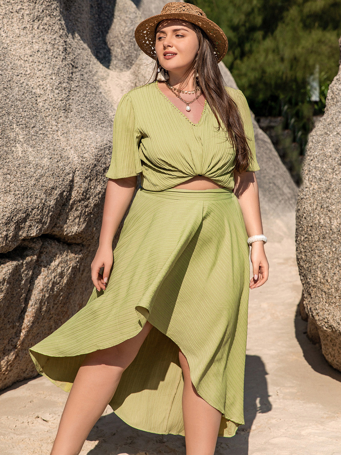 Plus Size V-Neck Half Sleeve Top and High-Low Skirt Set-BOTTOMS SIZES SMALL MEDIUM LARGE-[Adult]-[Female]-Yellow-Green-0XL-2022 Online Blue Zone Planet