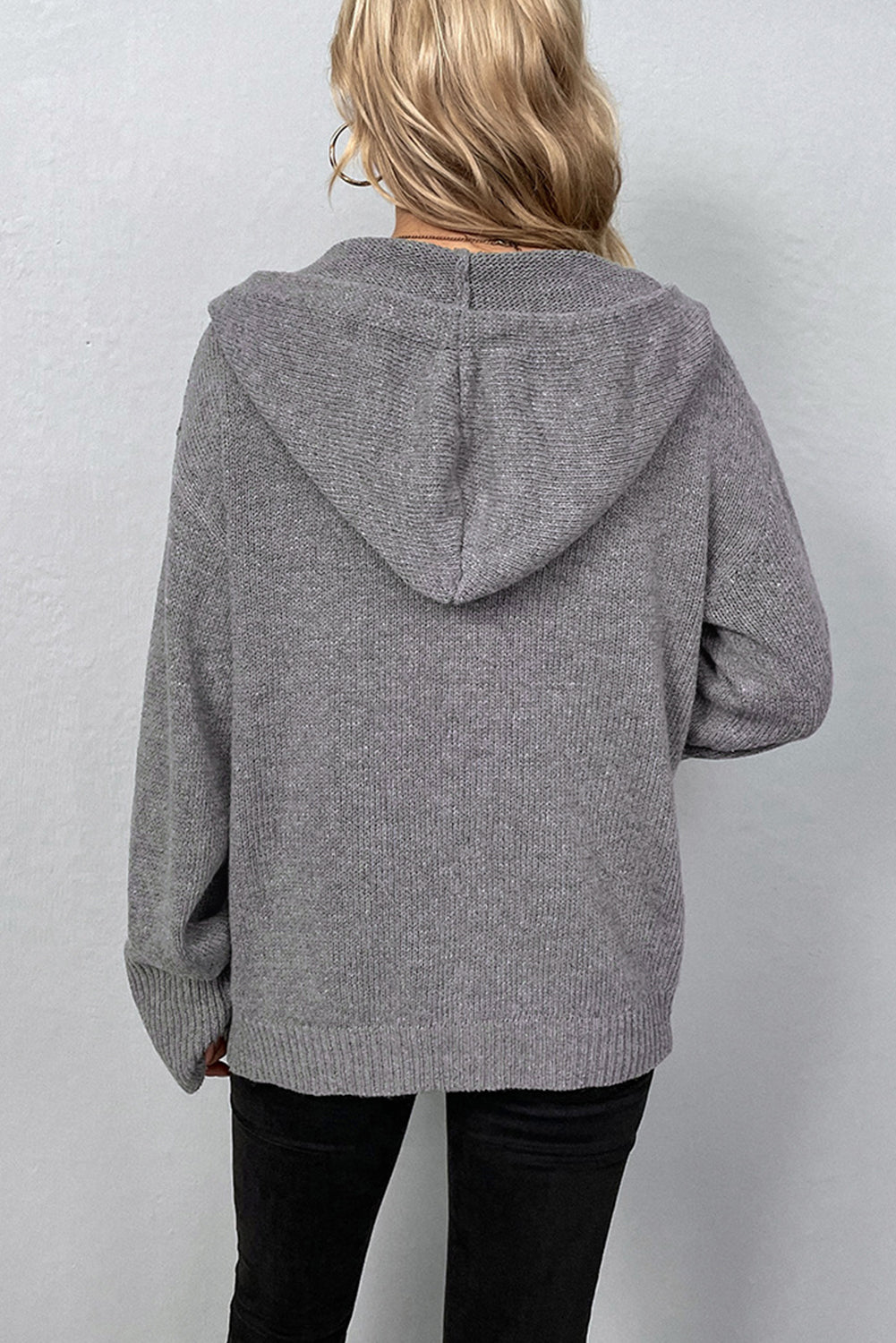 Medium Grey Drawstring Hooded Button Up Drop Shoulder Sweater Cardigan-Tops / Dresses-[Adult]-[Female]-2022 Online Blue Zone Planet