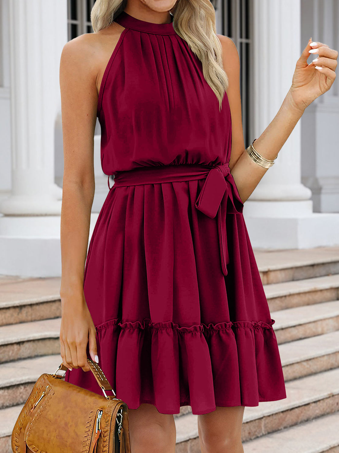 Ruched Grecian Neck Tie Waist Mini Dress-TOPS / DRESSES-[Adult]-[Female]-Burgundy-S-2022 Online Blue Zone Planet