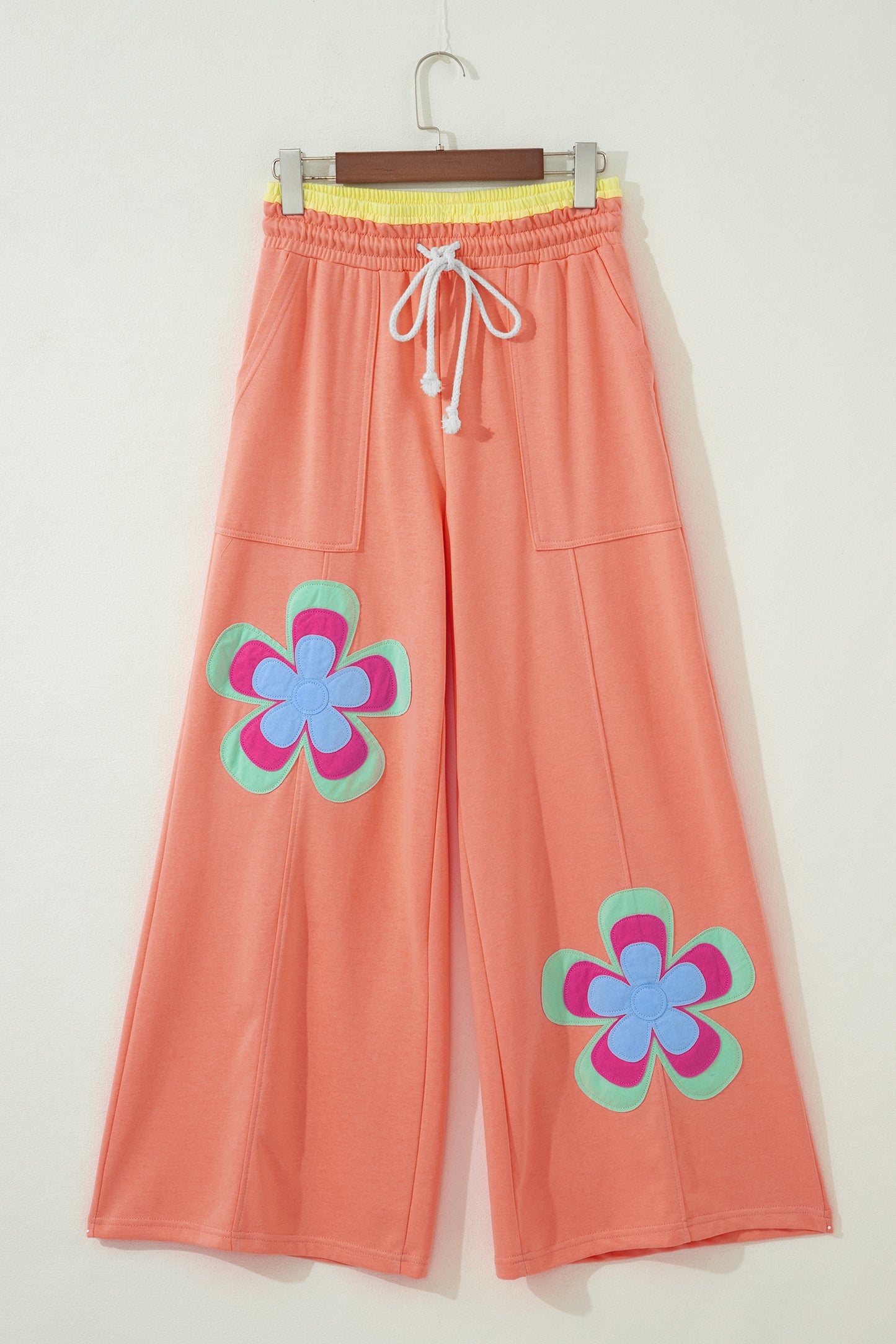 Grapefruit Orange Color Block Flower Patchwork Drawstring Contrasted Elastic Waist Wide Leg Pants-Bottoms/Pants & Culotte-[Adult]-[Female]-2022 Online Blue Zone Planet