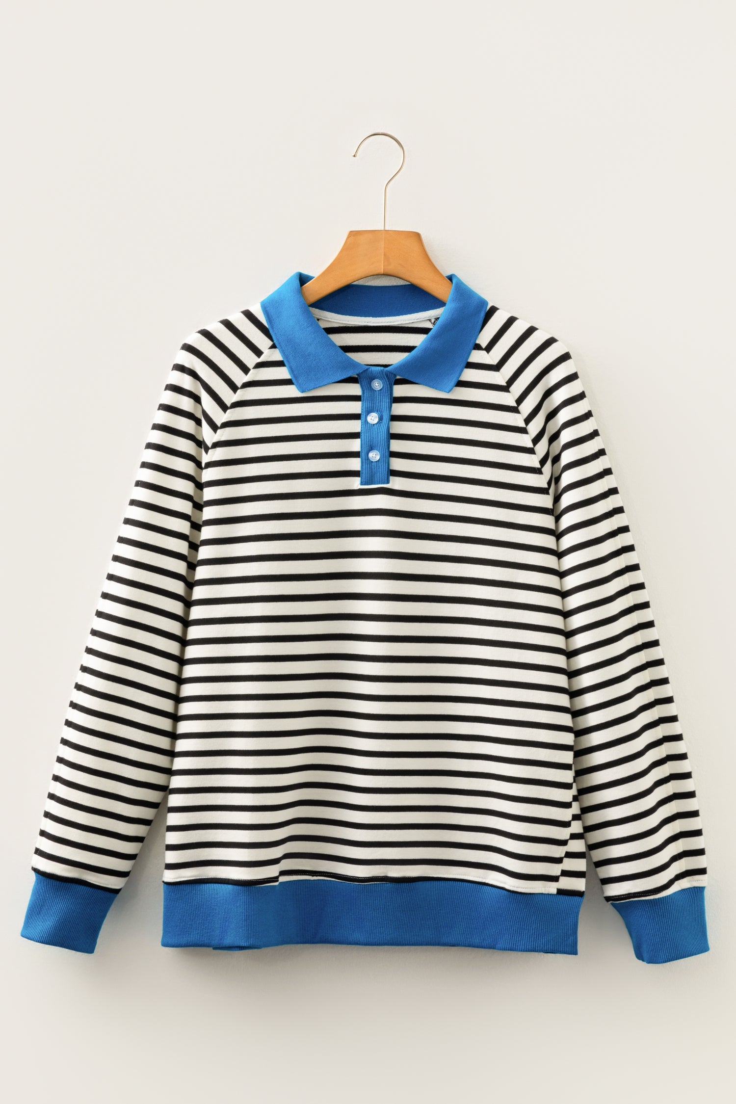 Black Stripe Color Block Patchwork Button Polo Collar Side Slit Sweatshirt-Tops/Sweatshirts & Hoodies-[Adult]-[Female]-2022 Online Blue Zone Planet