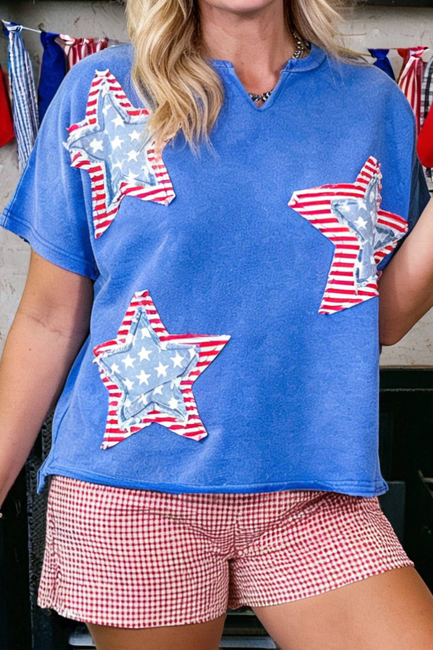 White Patriot Star Patched Notched Neck Mineral Washed Tee-Tops/Tops & Tees-[Adult]-[Female]-Sky Blue-S-2022 Online Blue Zone Planet
