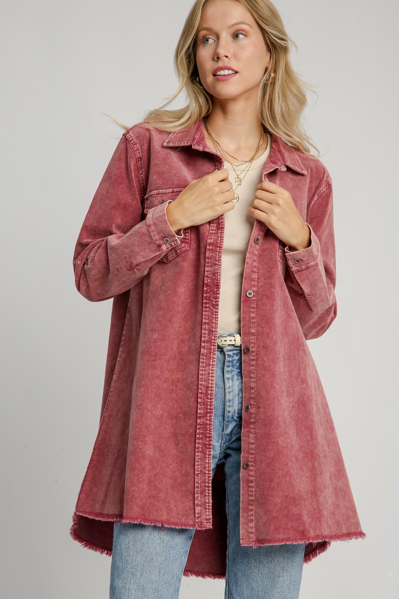 Umgee Raw Hem Button Down Denim Jacket with Chest Pockets-TOPS / DRESSES-[Adult]-[Female]-Wine-S-2022 Online Blue Zone Planet