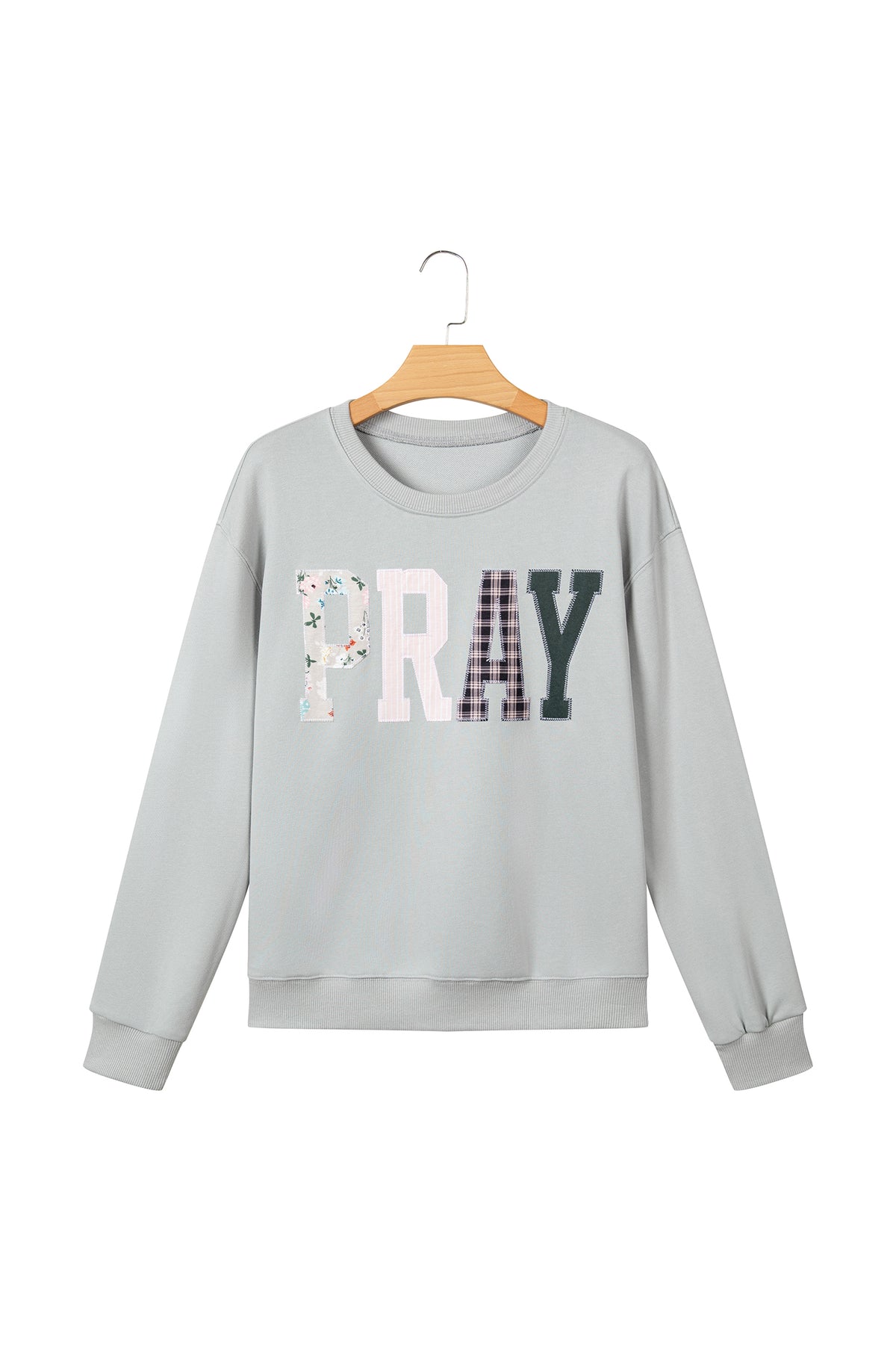 Gray Floral Buffalo Plaid Striped Embroidered Patch Western Pullover Sweatshirt-Tops/Sweatshirts & Hoodies-[Adult]-[Female]-2022 Online Blue Zone Planet