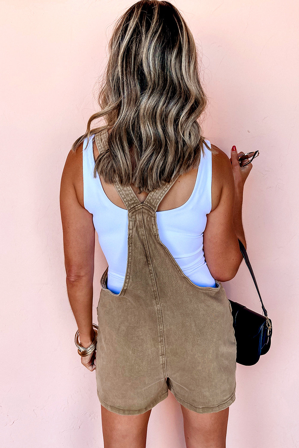 Light French Beige Solid Color Knot Straps Denim Romper with Pockets-Bottoms/Jumpsuits & Rompers-[Adult]-[Female]-2022 Online Blue Zone Planet