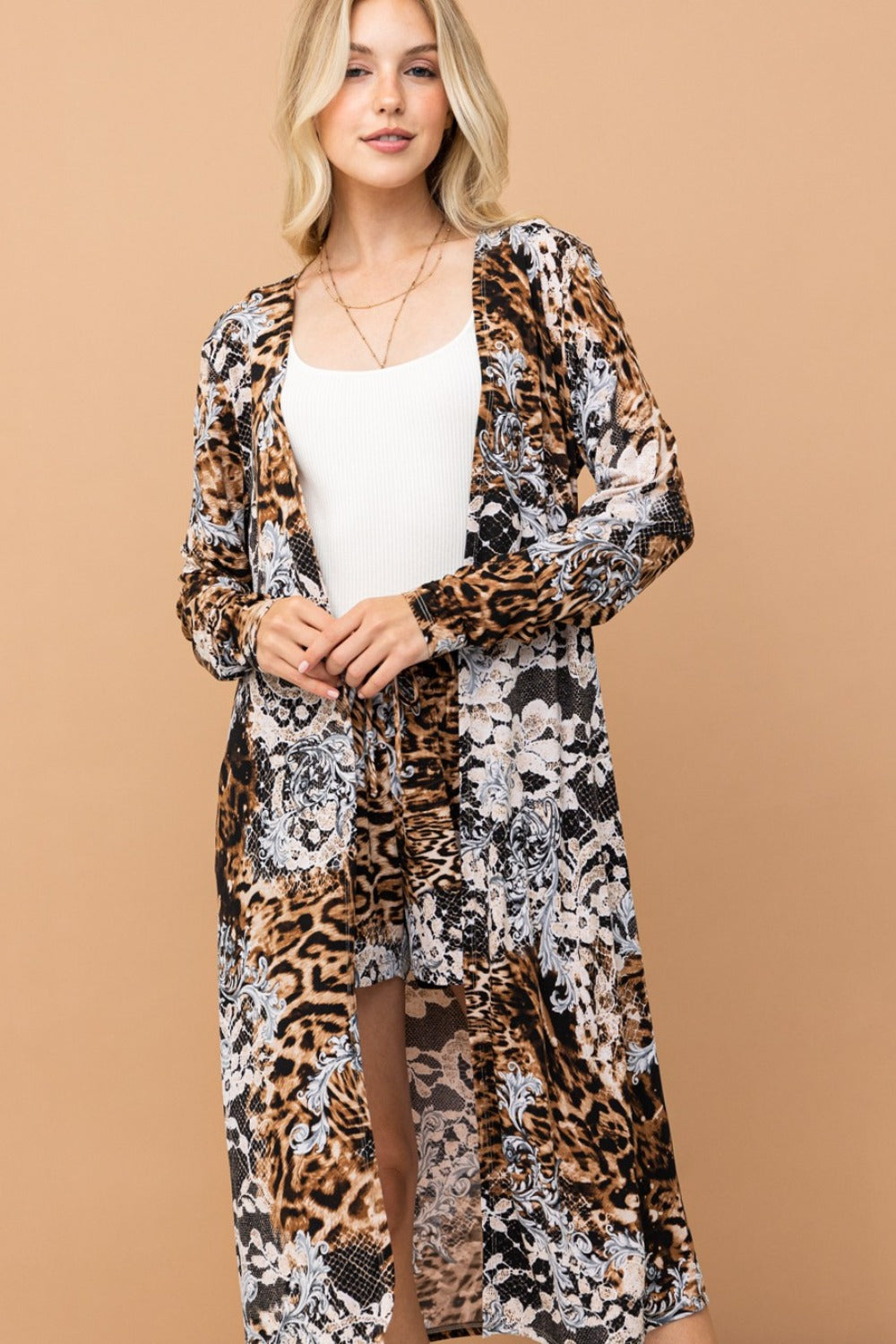 And The Why Leopard Kimono Open Front Longline Cardigan-TOPS / DRESSES-[Adult]-[Female]-2022 Online Blue Zone Planet