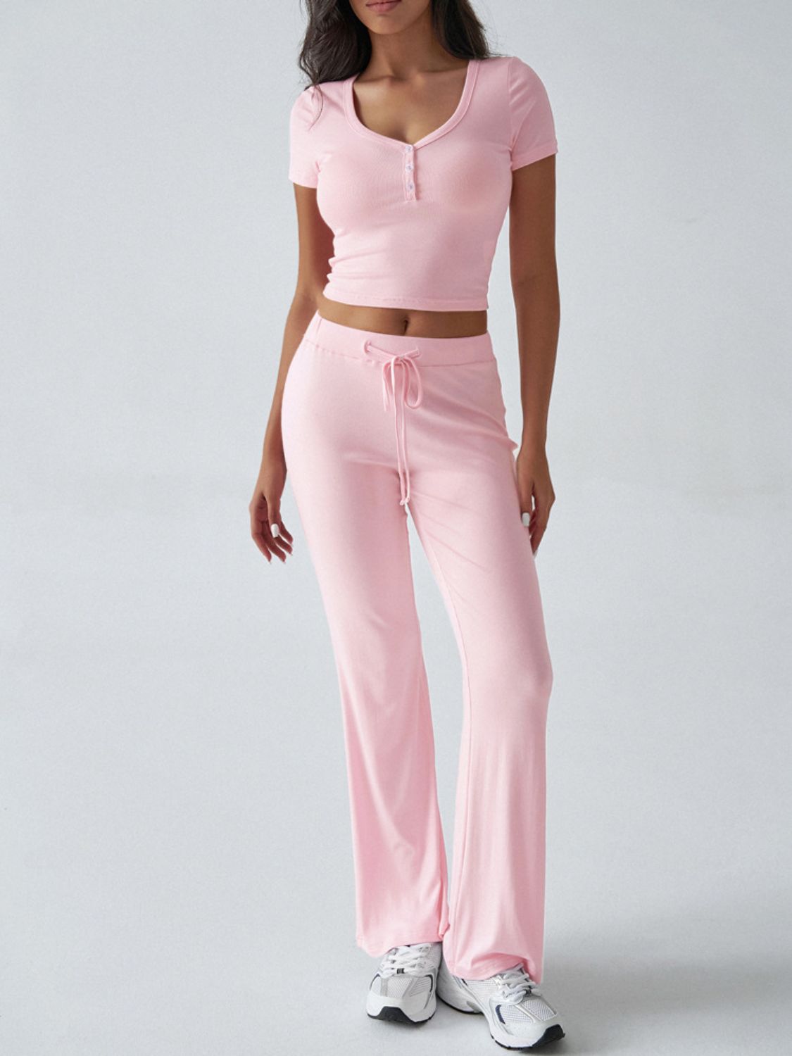 Devine Short Sleeve Top and Drawstring Pants Set-TOPS / DRESSES-[Adult]-[Female]-Blush Pink-S-2022 Online Blue Zone Planet