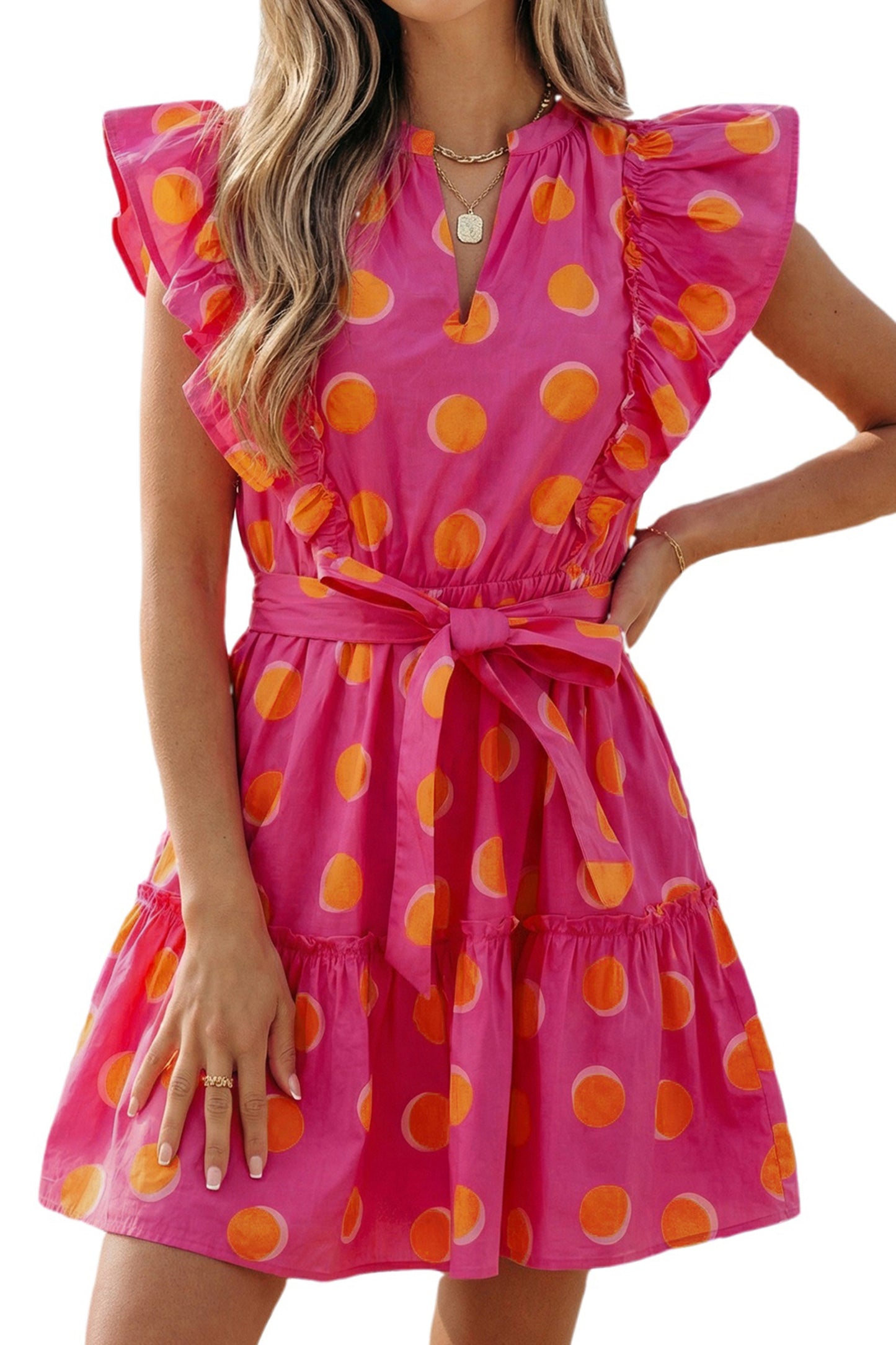 Rose Double Polka Dot V Neck Ruffled Short Sleeve Dress-Dresses/Mini Dresses-[Adult]-[Female]-2022 Online Blue Zone Planet