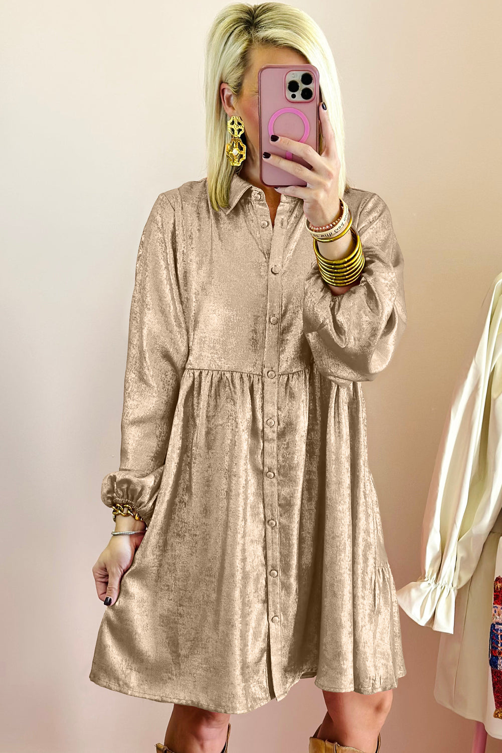 Apricot Metallic Sheen Puff Sleeve Button Up Mini Shirt Dress-Dresses/Mini Dresses-[Adult]-[Female]-2022 Online Blue Zone Planet