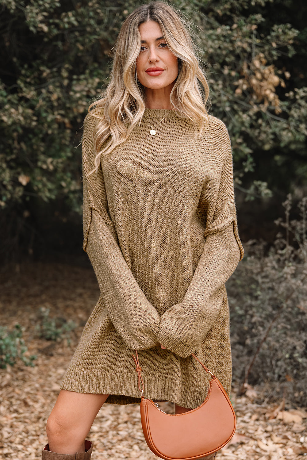 Pale Khaki Oversize Drop Shoulder Slouchy Sweater Dress-TOPS / DRESSES-[Adult]-[Female]-2022 Online Blue Zone Planet