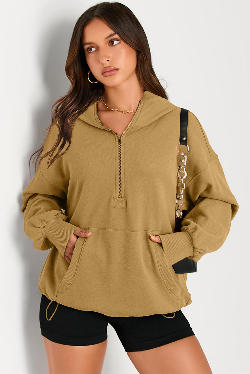 Pocketed Half Zip Long Sleeve Hoodie-HOODIES-[Adult]-[Female]-Tan-S-2022 Online Blue Zone Planet