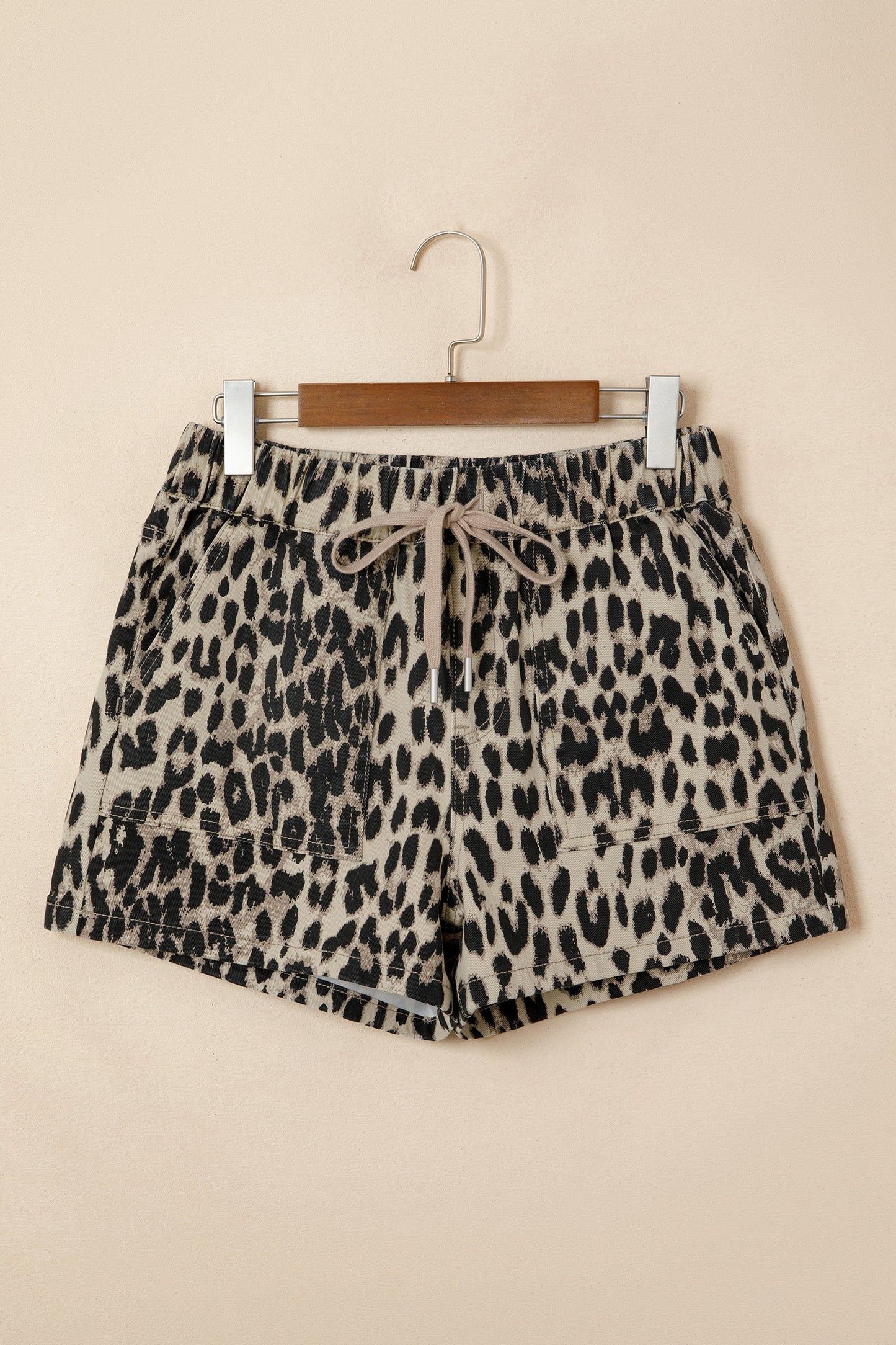 Brown Retro Leopard Print Lace-up Elastic Waistband Mid Rise Denim Shorts-Bottoms/Denim Shorts-[Adult]-[Female]-2022 Online Blue Zone Planet