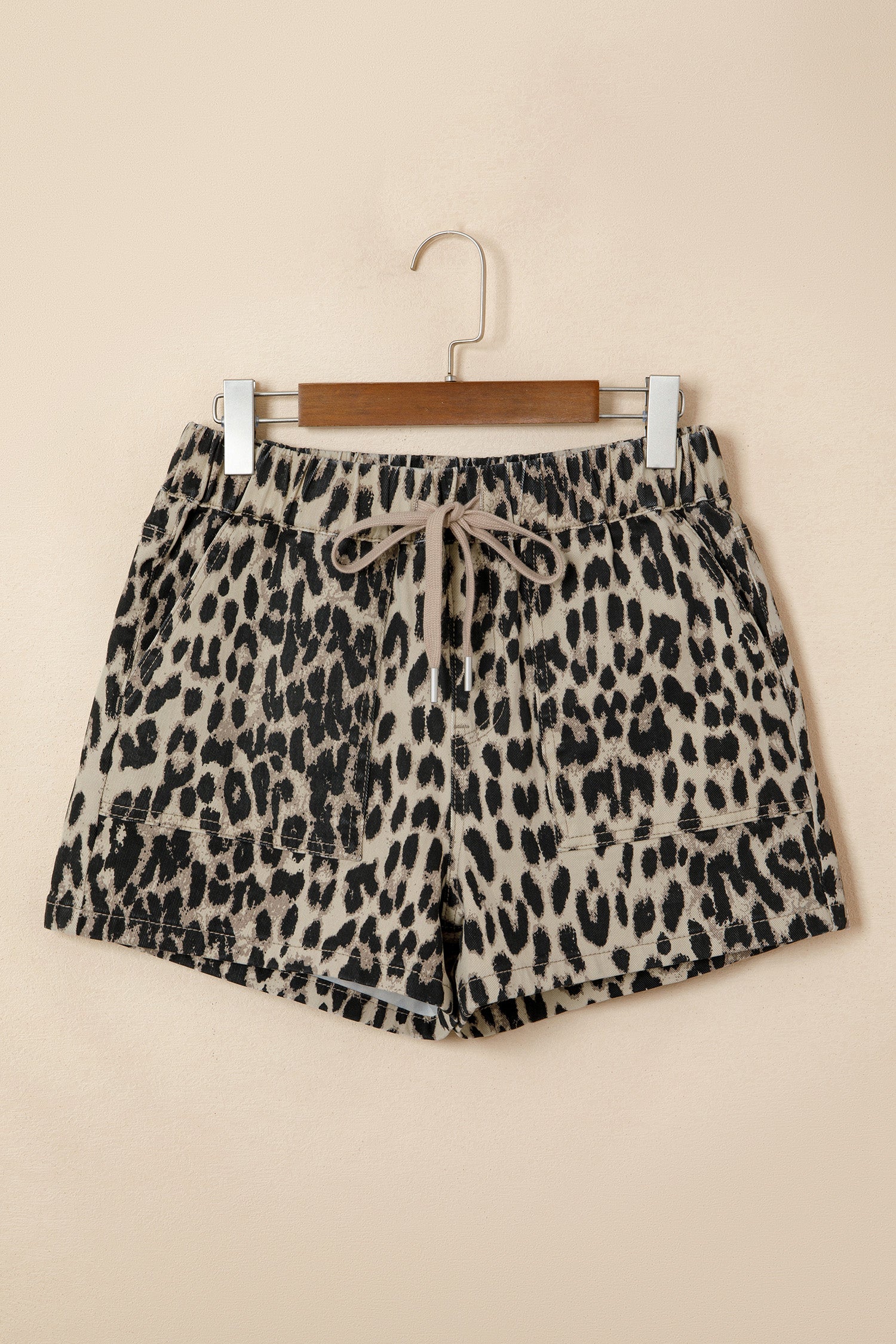 Brown Retro Leopard Print Lace-up Elastic Waistband Mid Rise Denim Shorts-Bottoms/Denim Shorts-[Adult]-[Female]-2022 Online Blue Zone Planet