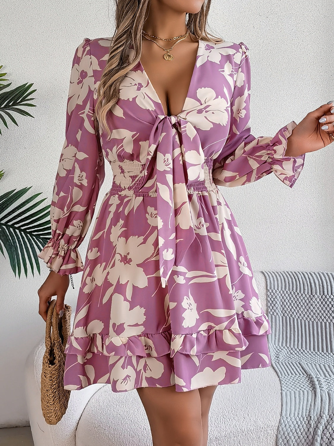 Tied Ruffled Printed Long Sleeve Dress-TOPS / DRESSES-[Adult]-[Female]-Lilac-S-2022 Online Blue Zone Planet