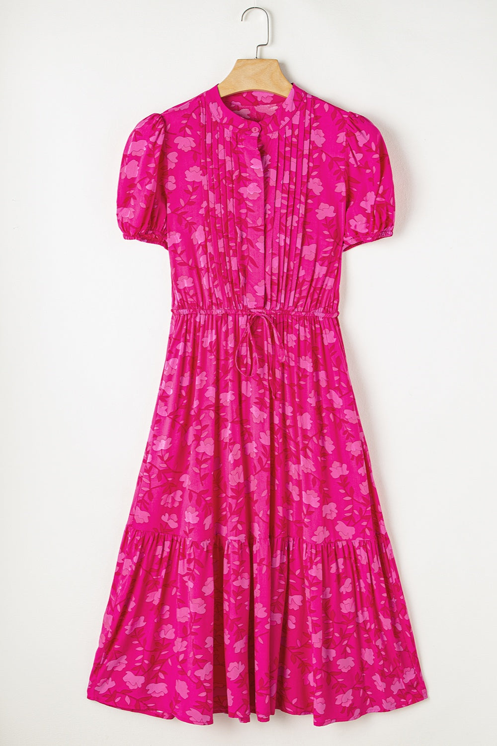 Drawstring Printed Short Sleeve Midi Dress-TOPS / DRESSES-[Adult]-[Female]-Hot Pink-S-2022 Online Blue Zone Planet