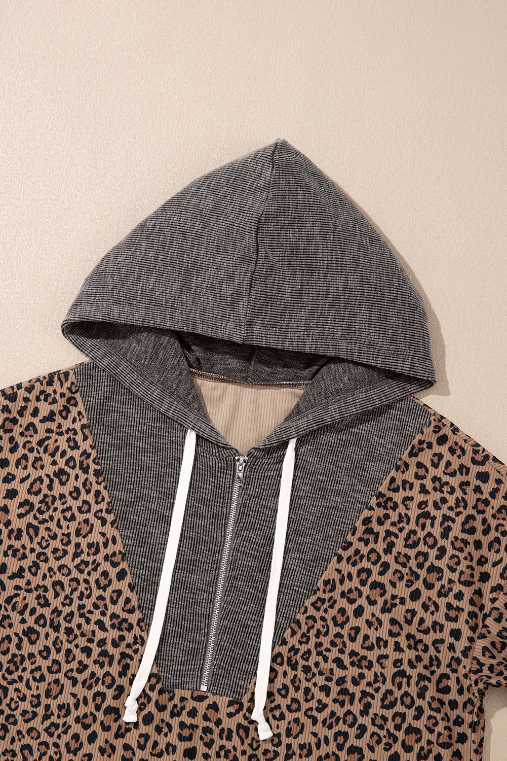 Khaki Ribbed Leopard Print Contrast Collar Zip Hooded Pullover Sweatshirt-Tops / Dresses-[Adult]-[Female]-2022 Online Blue Zone Planet