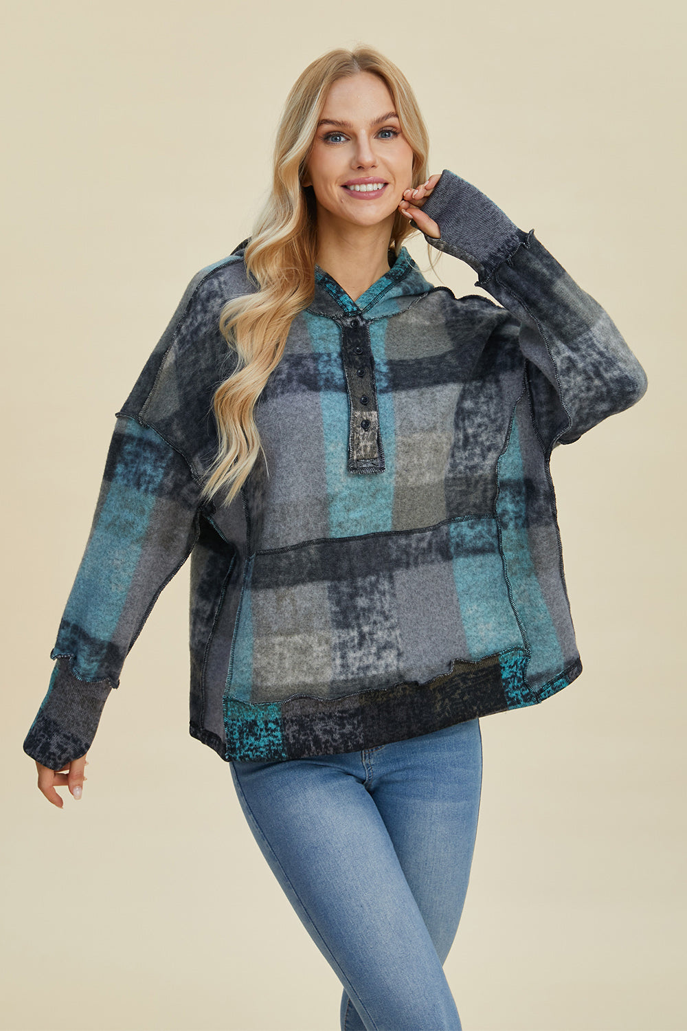 Double Take Full Size Plaid Dropped Shoulder Hoodie-HOODIES-[Adult]-[Female]-Dark Gray-S-2022 Online Blue Zone Planet