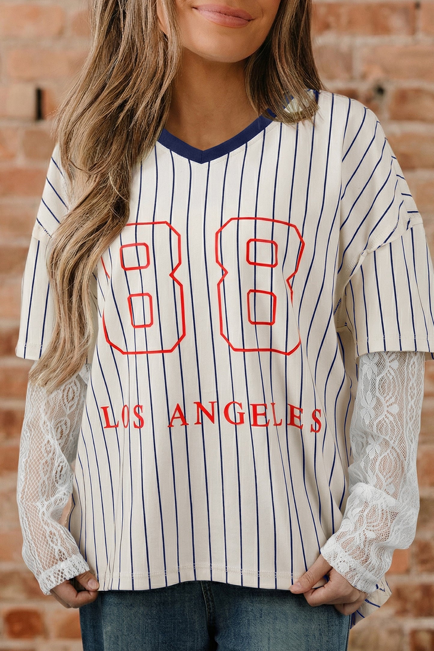 Blue Stripe 88 Los Angel Graphic Lace Patchwork Faux Two Piece V Neck Top-Tops/Long Sleeve Tops-[Adult]-[Female]-2022 Online Blue Zone Planet
