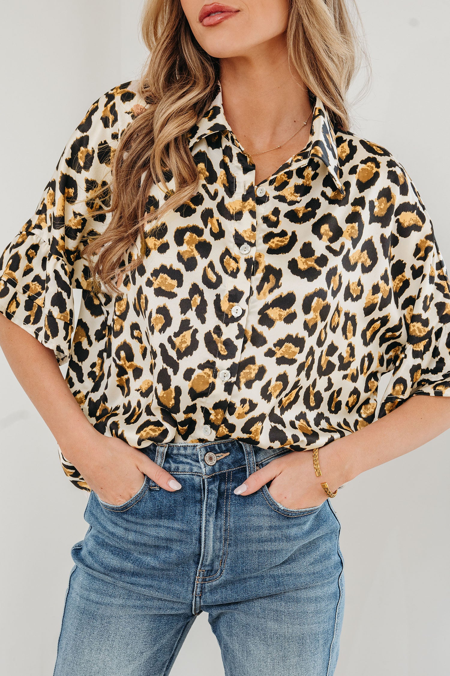 Khaki Leopard Print Ruffle Trim 3/4 Sleeve Loose Shirt-Tops/Blouses & Shirts-[Adult]-[Female]-2022 Online Blue Zone Planet