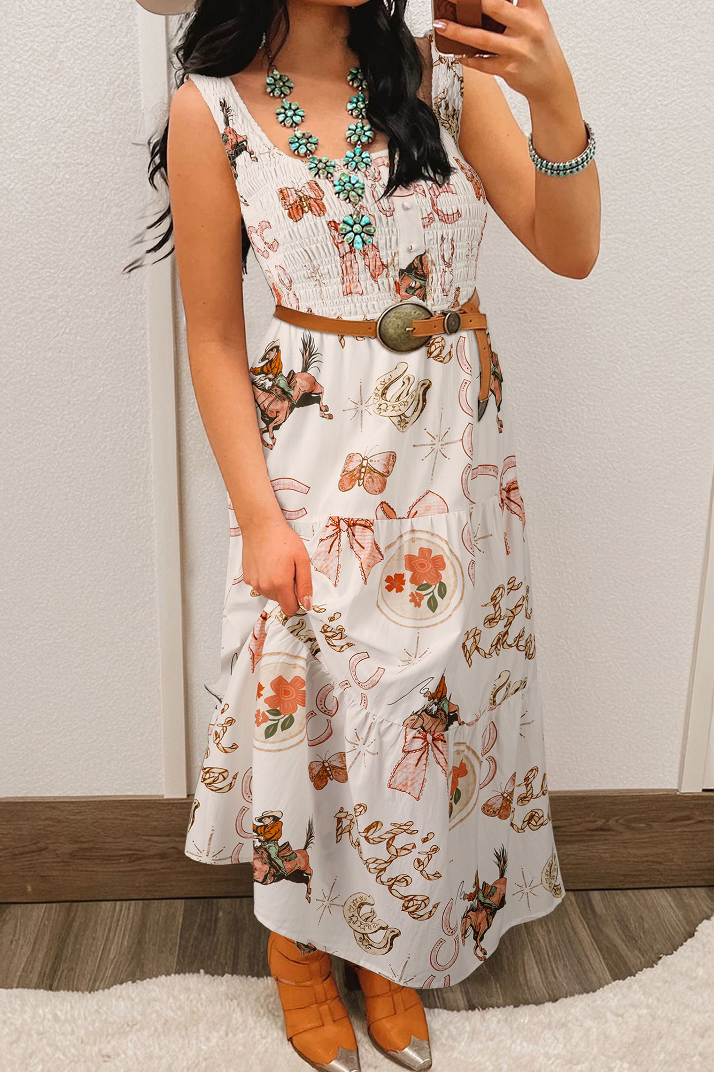 White Western Horseshoe Print U-Neck Sleeveless Midi Dress White / XL / 55%Cotton+45%Viscose