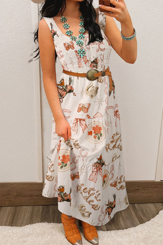 White Western Horseshoe Print U-Neck Sleeveless Midi Dress-TOPS / DRESSES-[Adult]-[Female]-White-S-2022 Online Blue Zone Planet