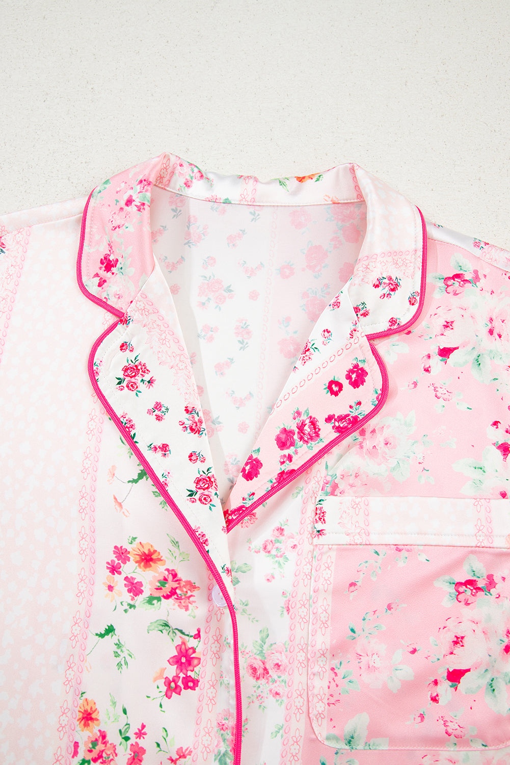 Pink Mixed Floral Print Contrast Piping Trim Satin Tie 2pcs Pajama Set-Loungewear & Sleepwear/Sleepwear-[Adult]-[Female]-2022 Online Blue Zone Planet