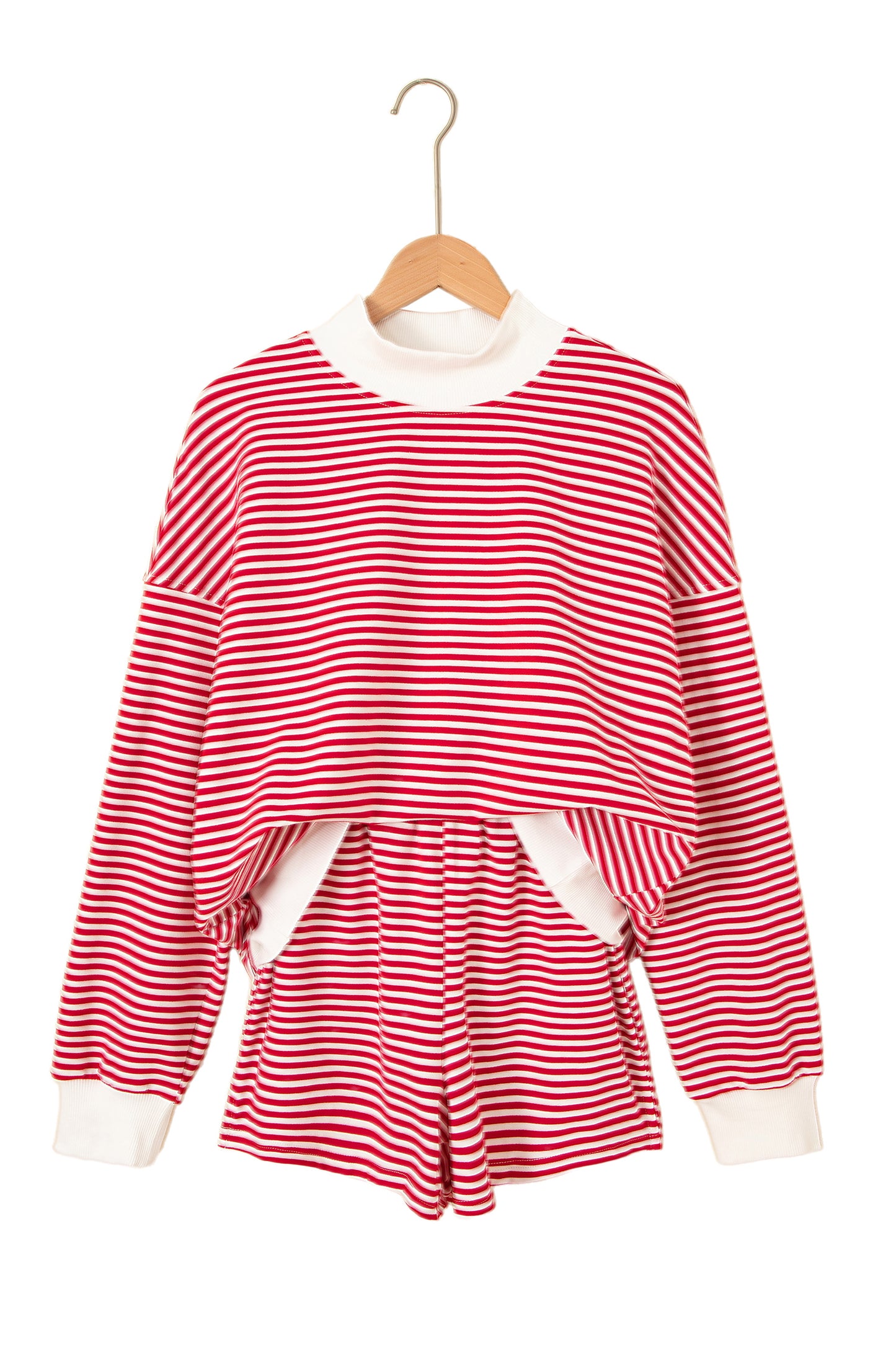 Red Stripe Oversize Mock Neck Sweatshirt and Shorts Set-Two Piece Sets/Short Sets-[Adult]-[Female]-2022 Online Blue Zone Planet