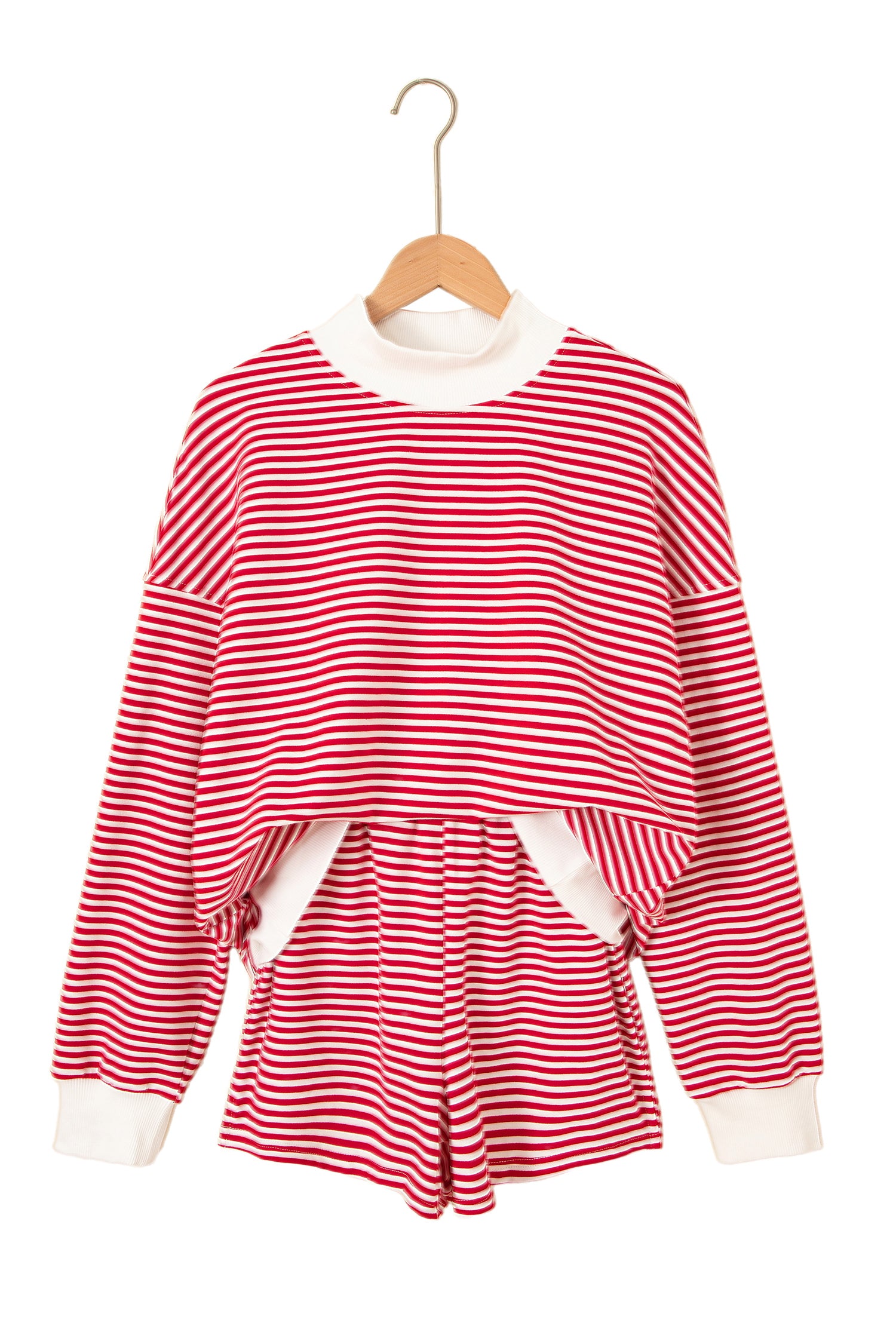 Red Stripe Oversize Mock Neck Sweatshirt and Shorts Set-Two Piece Sets/Short Sets-[Adult]-[Female]-2022 Online Blue Zone Planet