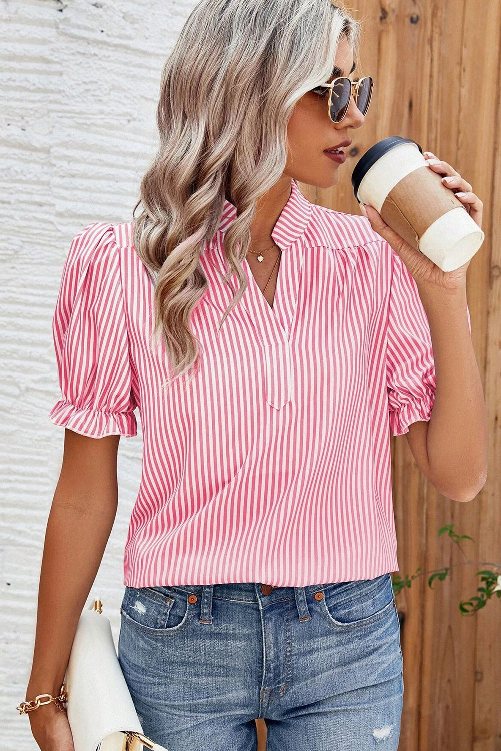 Pink Stripe Notched Neck Frilled Short Puff Sleeve Blouse-Tops/Blouses & Shirts-[Adult]-[Female]-2022 Online Blue Zone Planet