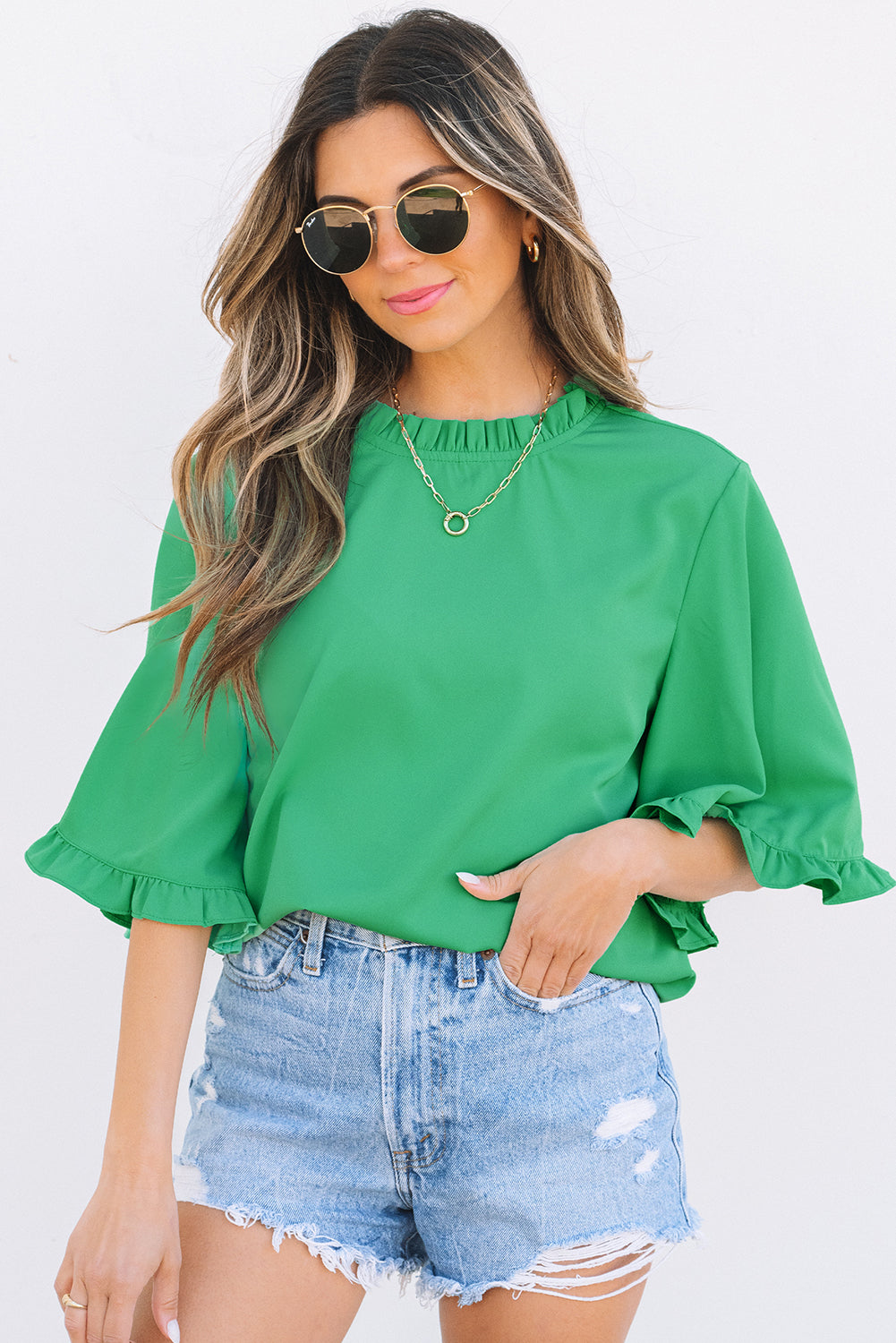 Blue Zone Planet | Green Frilly Round Neck Wide Half Sleeve Blouse-Tops/Blouses & Shirts-[Adult]-[Female]-2022 Online Blue Zone Planet