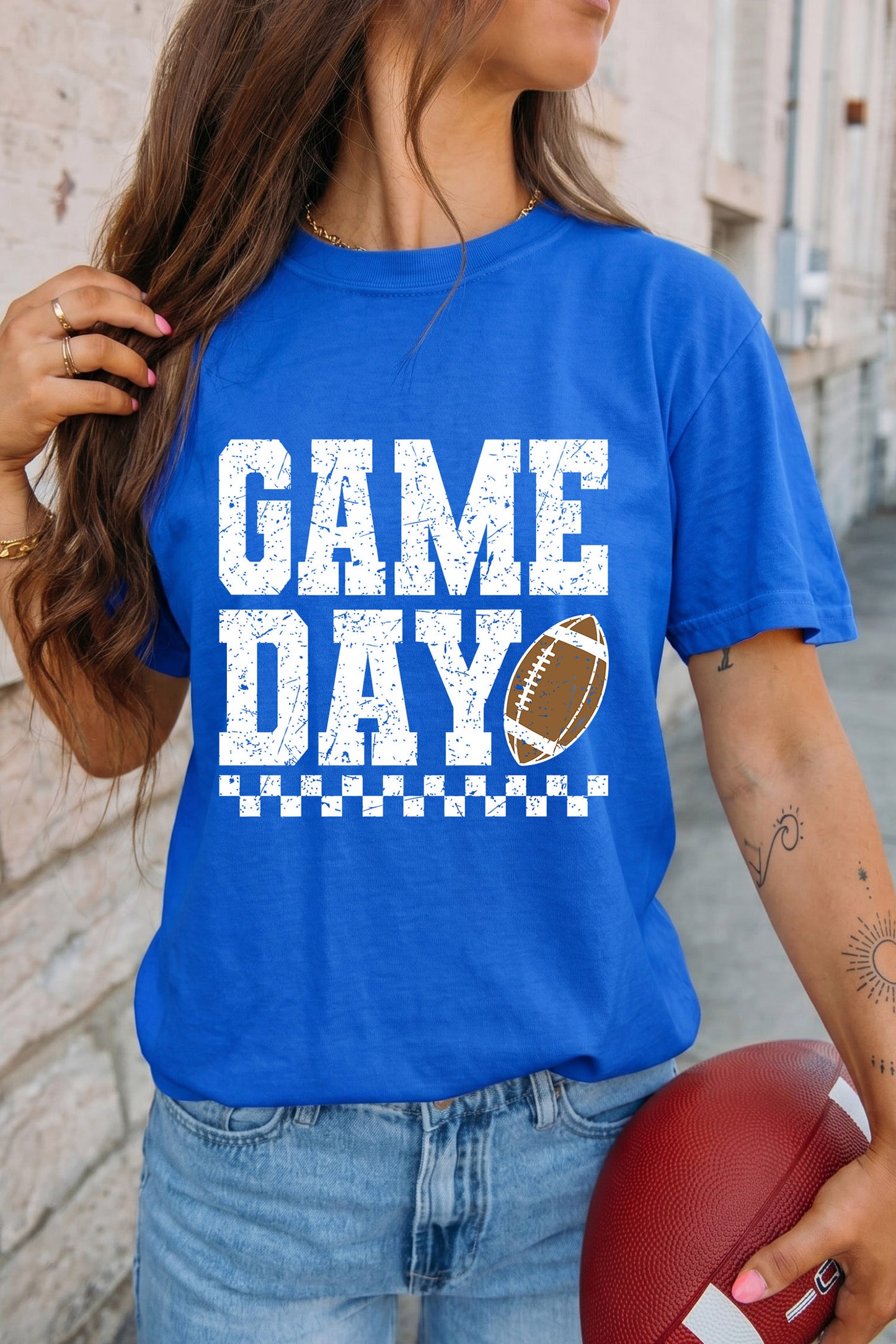 Dark Blue GAME DAY Checkered Print Rugby Graphic T Shirt-Graphic/Graphic Tees-[Adult]-[Female]-2022 Online Blue Zone Planet