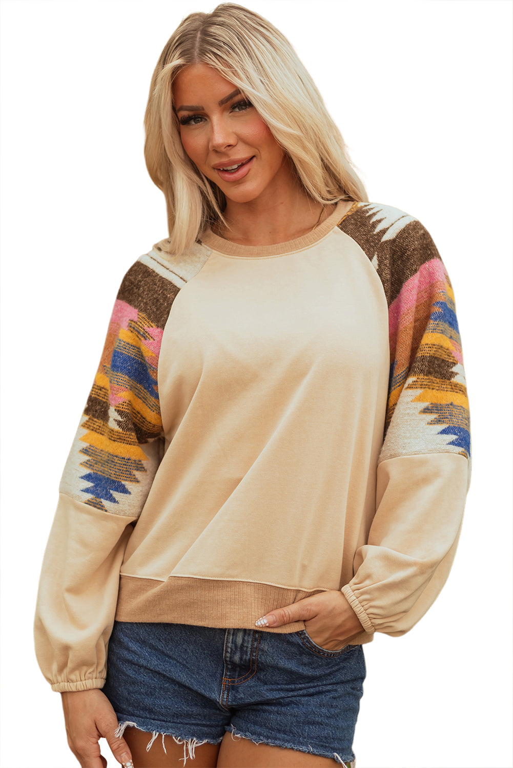 Light French Beige Aztec Patchwork Raglan Pullover Sweatshirt-Tops/Sweatshirts & Hoodies-[Adult]-[Female]-2022 Online Blue Zone Planet