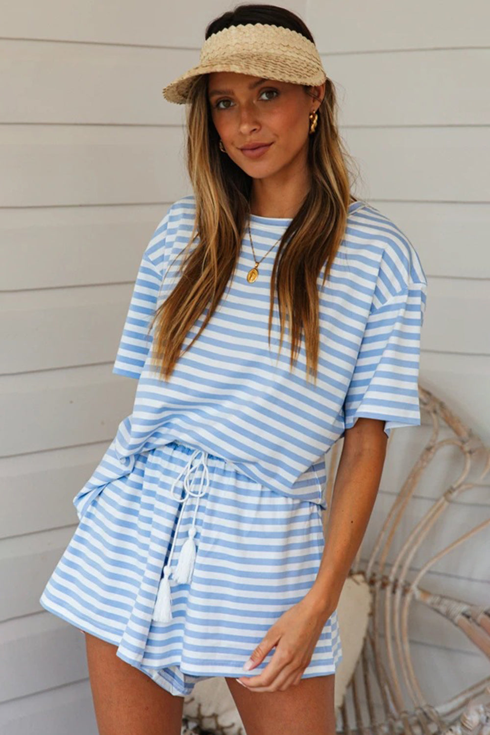 Striped Round Neck Top and Shorts Set-TOPS / DRESSES-[Adult]-[Female]-2022 Online Blue Zone Planet