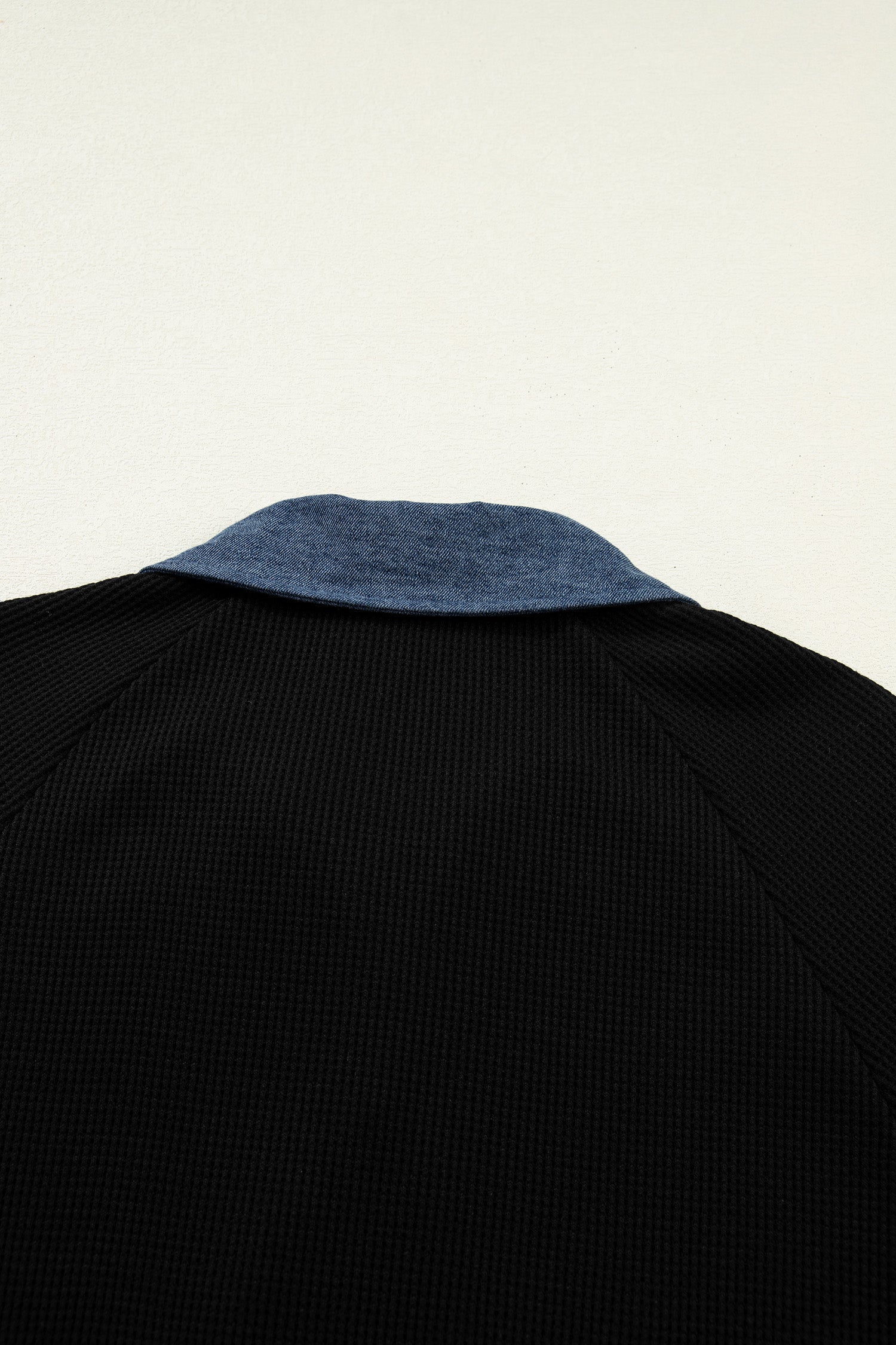 Black Textured Knit Denim Patchwork Button Polo Collar Long Sleeve Top-Tops/Long Sleeve Tops-[Adult]-[Female]-2022 Online Blue Zone Planet