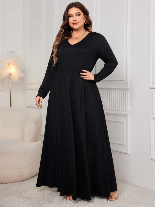 Blue Zone Planet | Plus Size Cutout V-Neck Long Sleeve Maxi Dress-TOPS / DRESSES-[Adult]-[Female]-Black-1XL-2022 Online Blue Zone Planet