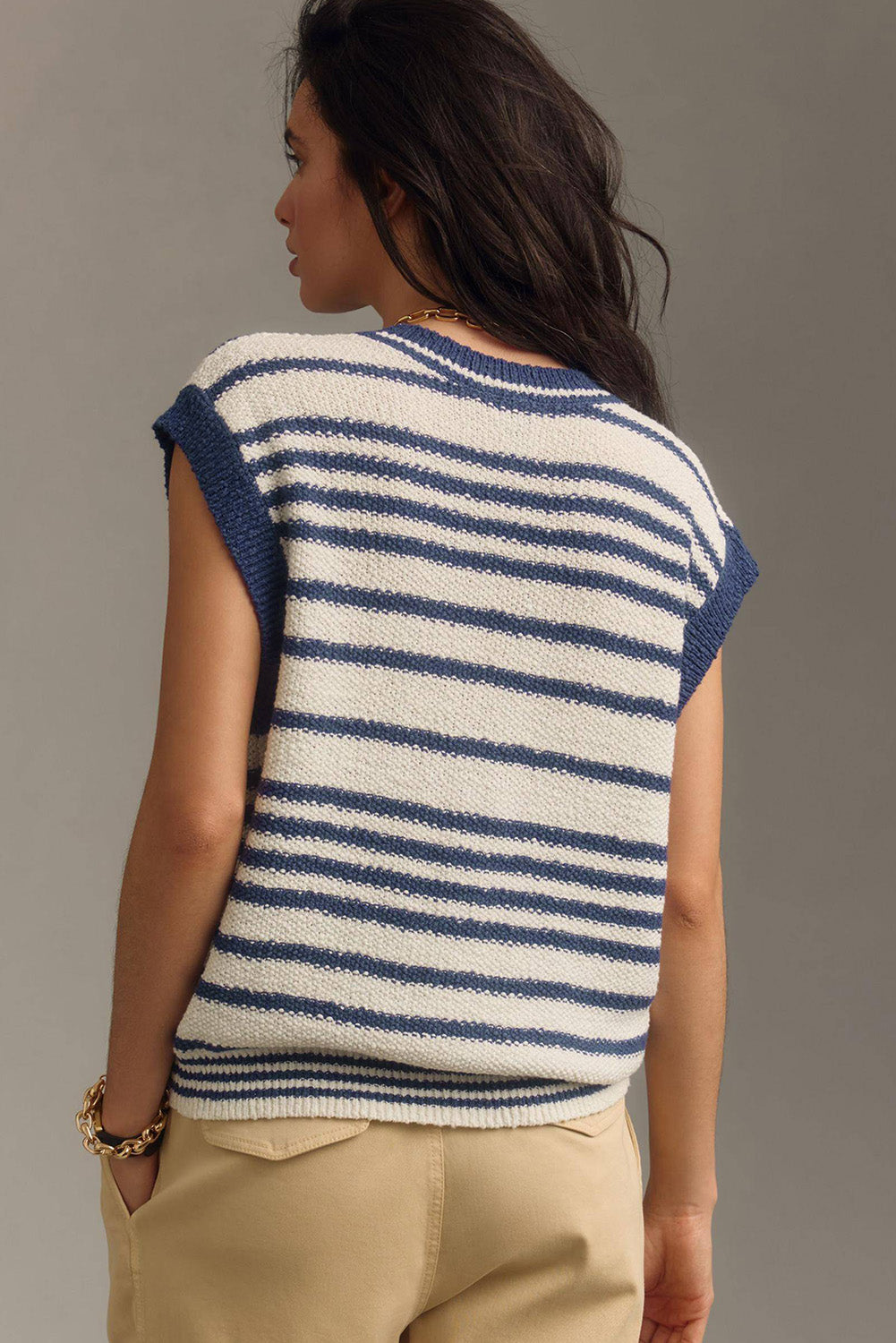 Blue Stripe Loose Buttoned V Neck Sweater Vest-Sweaters & Cardigans/Sweater Vests-[Adult]-[Female]-2022 Online Blue Zone Planet