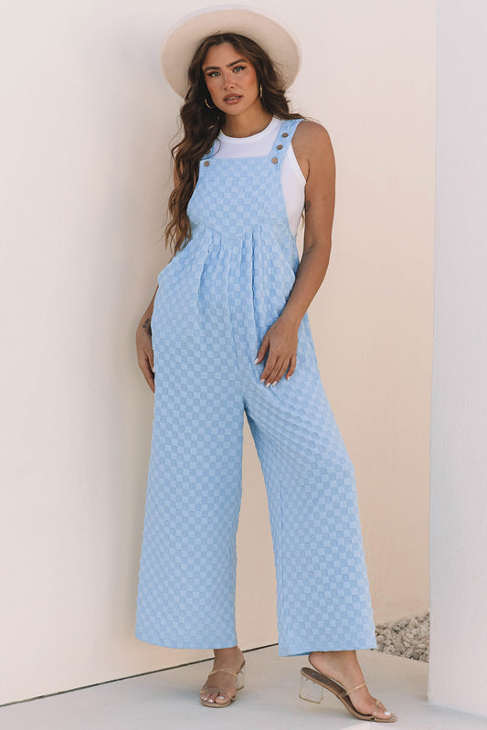Beau Blue Checkered Pocketed High Waist Wide Leg Overall-Bottoms/Jumpsuits & Rompers-[Adult]-[Female]-Beau Blue-S-2022 Online Blue Zone Planet