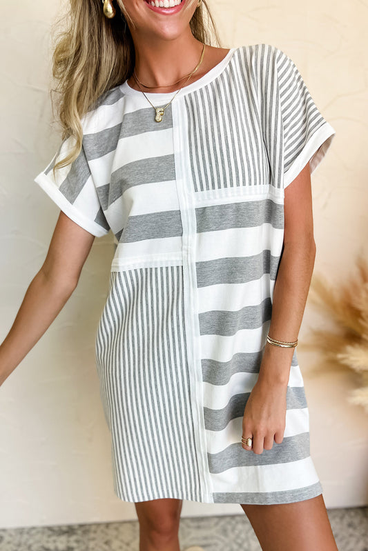 Gray Stripe Mixed Printed Short Sleeve Shift Mini T Shirt Dress-Dresses/T Shirt Dresses-[Adult]-[Female]-Gray Stripe-S-2022 Online Blue Zone Planet