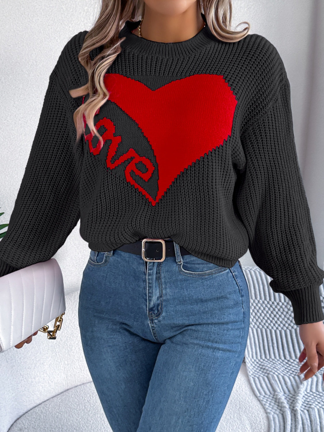 Blue Zone Planet | LOVE Heart Round Neck Dropped Shoulder Sweater-TOPS / DRESSES-[Adult]-[Female]-2022 Online Blue Zone Planet