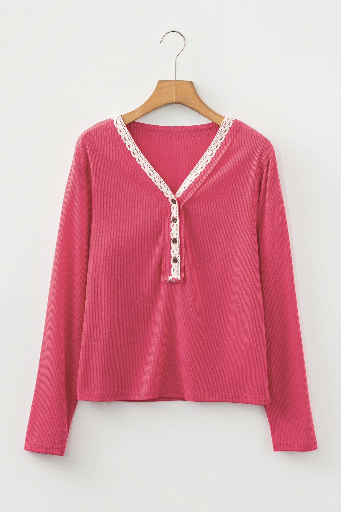 Racing Red Ribbed Texture Contrasted Lace Trim Button V Neck Long Sleeve Top-Tops/Long Sleeve Tops-[Adult]-[Female]-2022 Online Blue Zone Planet