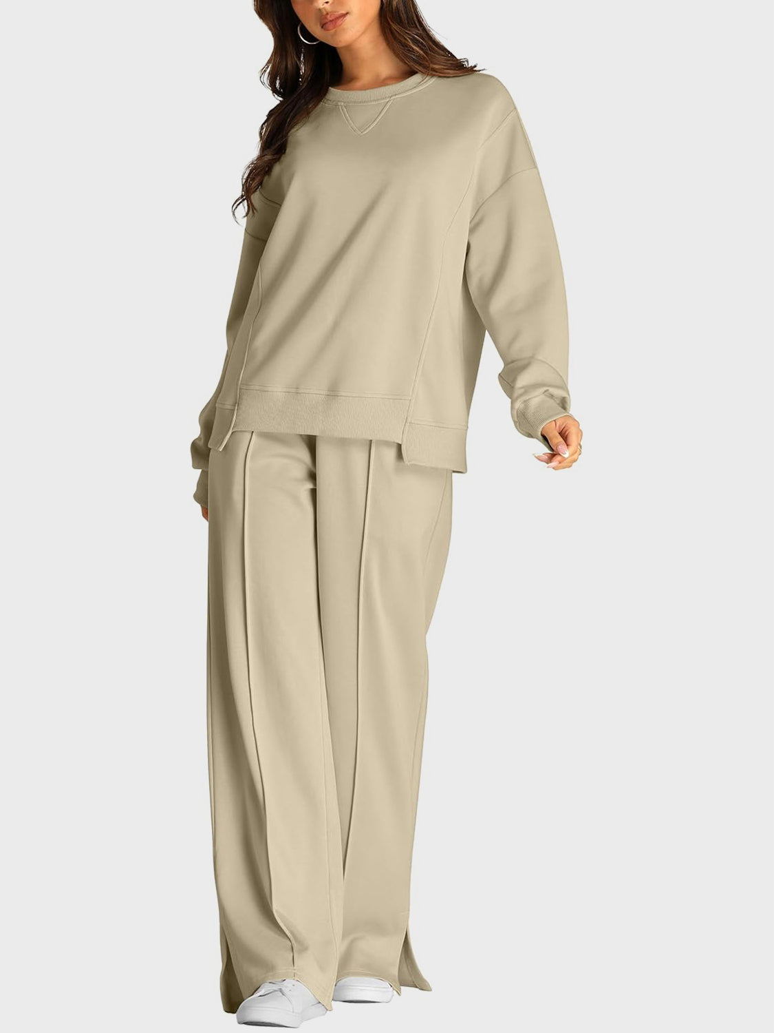 Round Neck Long Sleeve Top and Slit Pants Set-TOPS / DRESSES-[Adult]-[Female]-Khaki-S-2022 Online Blue Zone Planet